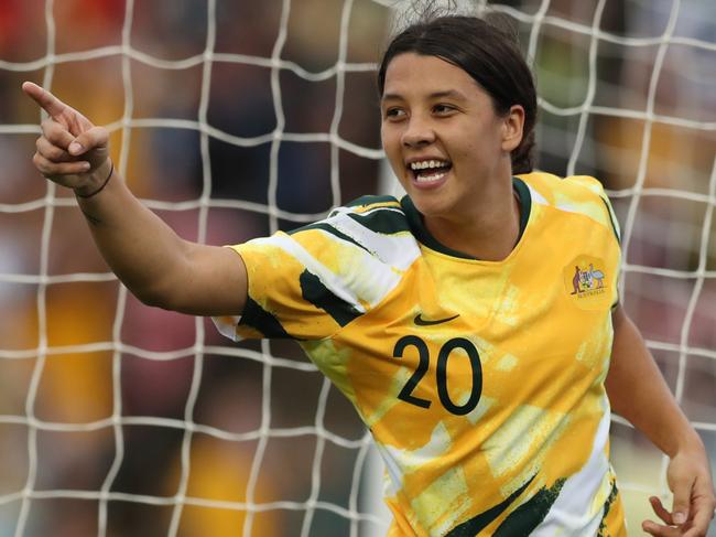 NEWCASTLE, AUSTRALIA - MARCH 06: Sam Kerr of the Australian Matildas celebrates a goal during the Women's Olympic Football Tournament Play-Off match between the Australian Matildas and Vietnam at McDonald Jones Stadium on March 06, 2020 in Newcastle, Australia. (Photo by Tony Feder/Getty Images)