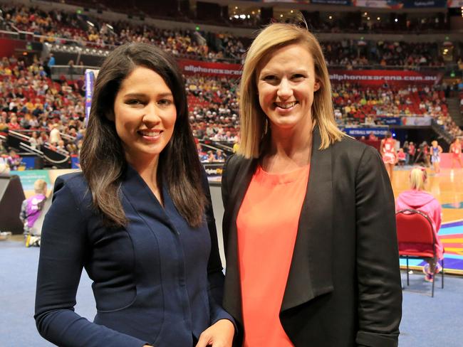 Mel McLaughlin and Sharelle McMahon during the Netball World Cup. Picture: Mark Evans