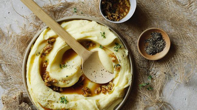 Boozy mashed potato with maple bacon butter.