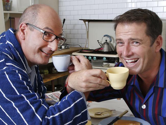 Small Screen Legends Breakfast Boys. Like the proverbial 'Odd Couple', breakfast television hosts David Kosh Ch 7 and Karl Stefanovic Ch 9 share an early morning breakfast of pancakes before heading off to work. Farm house style 1950's kitchen by Ian Thomson www.ianthomason.com.au (Must Credit). Picture: David Caird.