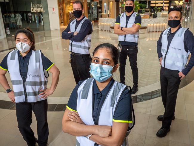 Chadstone Covid staff prepare for reopening. Mary Ann Delos Santos, Paul Edwards, Mini Alawatta \\, Samin Bakhsh and Raj Mrock. Picture: Jake Nowakowski