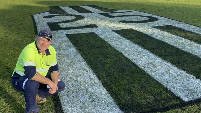 Southern Grampians Shire curator Peter Hardy with his tribute to Bill Picken on Hamilton’s Melville Oval. Picture: Marcus Lowerson