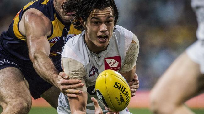 Jack Silvagni tries to get a handball away. Picture: AAP