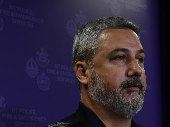 Detective Senior Sergeant Brendan Lindner with NT Police Commissioner Michael Murphy after confirming four children were suspected to have been killed in the Pine Creek fatal crash from Friday September 29.