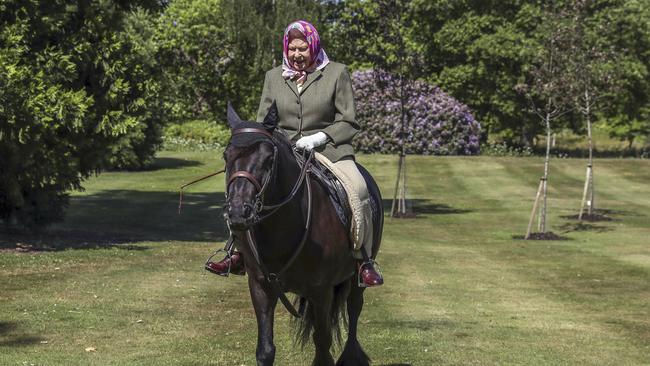 Britain's Queen Elizabeth II rides Balmoral Fern, a 14-year-old Fell Pony, in Windsor Home Park over the weekend. Picture: AP