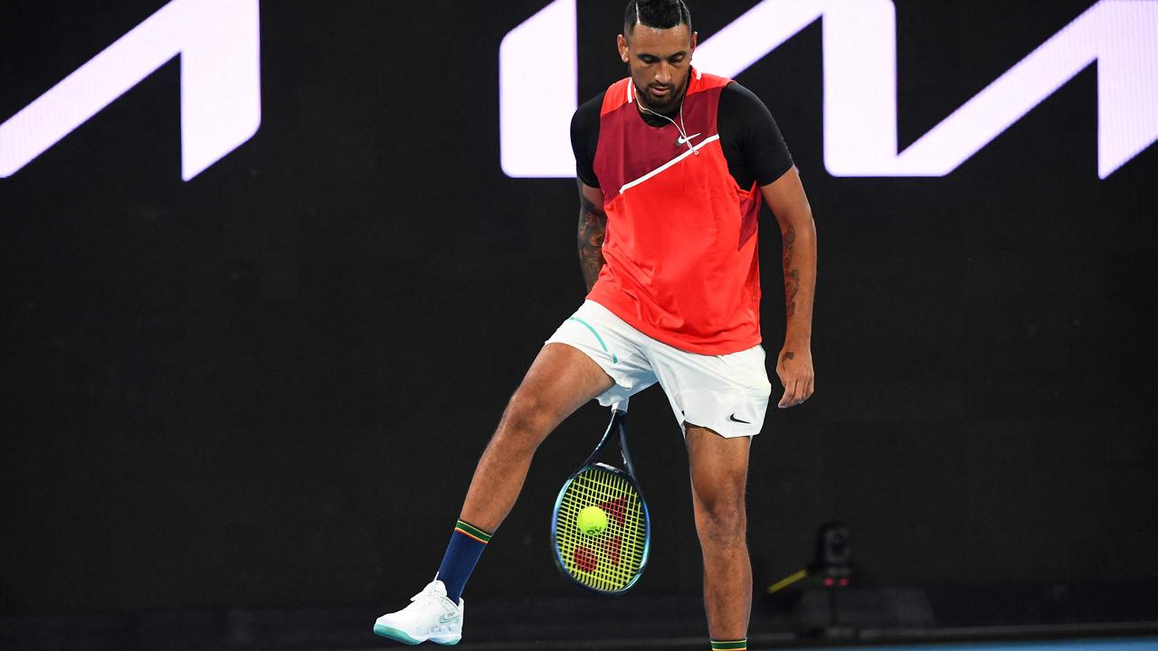 Nick Kyrgios pulled out all his hilarious tricks against Britain's Liam Broady. Picture: William West / AFP