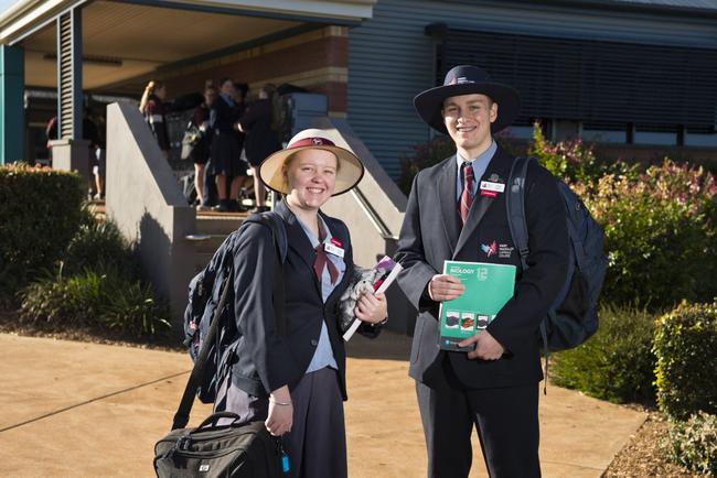 Mary MacKillop Catholic College captains Caitlin Lang and Connor McKerrow return to school, Monday, May 11, 2020. Picture: Kevin Farmer