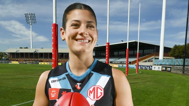 Port Adelaide AFLW forward Julia Teakle at Alberton Oval Thursday ,November,21,2024.Picture Mark Brake