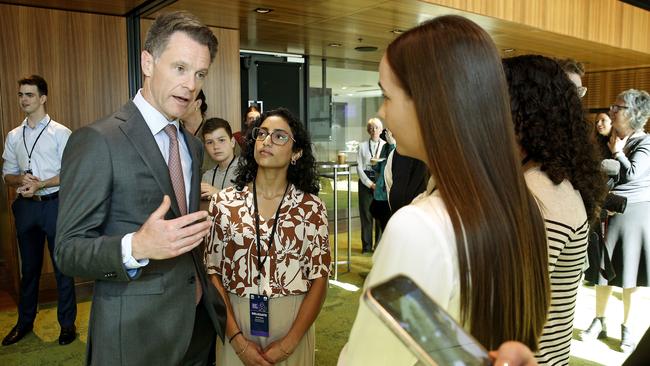 NSW Premier Chris Minns speaks with Summit Youth delegates at ICC Darling Harbour on Thursday. Picture: NewsWire / John Appleyard