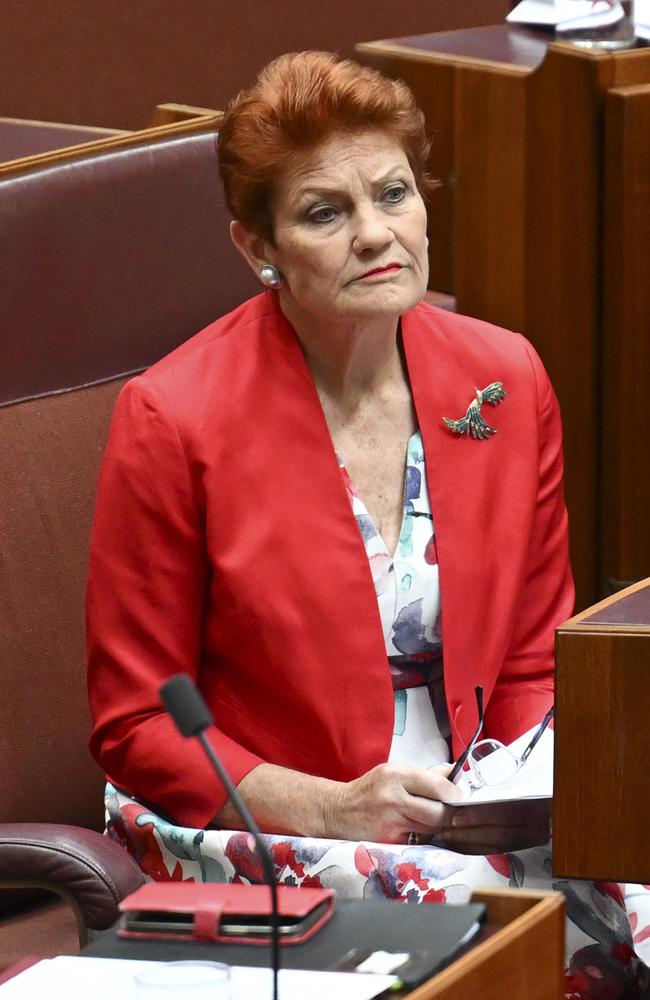 Senator Pauline Hanson during Question Time in the Senate at Parliament House in Canberra. Picture: NewsWire / Martin Ollman