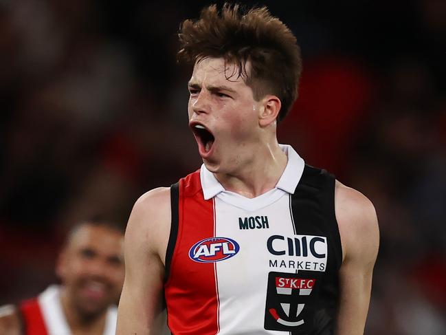 MELBOURNE, AUSTRALIA - August 6 , 2023. AFL .    Mattaes Phillipou of the Saints celebrates a 2nd quarter goal during the round 21 match between the St Kilda and Carlton at Marvel Stadium in Melbourne.   Photo by Michael Klein.