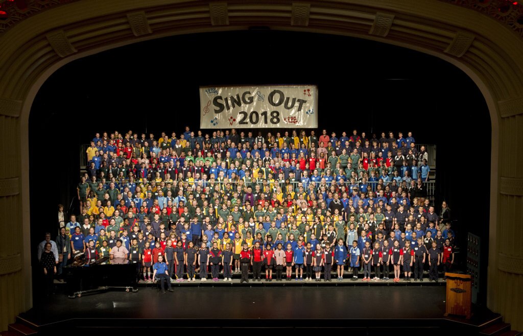 Schools participating on day 2 of Sing Out 2018. Toowoomba Grammar School, Junior School, Flagstone Creek State School, Mount Sylvia State School, Ropeley State School, Ma Ma Creek State School, Mount Whitestone State School, Withcott State School, St Thomas Moores School, Highfields State School, St Saviours Primary School, Kingsthorpe State School, Geham State School, Darling Heights State School, Sacred Heart Primary School, Oakey State School, Back Plain State School, Greenmount State School, Harristown State School, The Glennie School Junior Years, Drayton State School and St Monicas Shool Oakey. Wednesday, 13th Jun, 2018. Picture: Nev Madsen