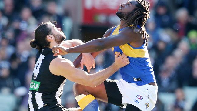 West Coast's Nic Naitanui in the ruck against Collingwood's Brodie Grundy. Pic: Michael Klein