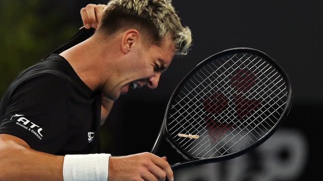 Thanasi Kokkinakis shows his frustration against Jannik Sinner on day five of the Adelaide International at Memorial Drive. Picture: Getty Images