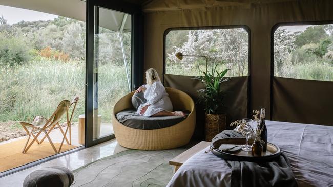 Inside a glamping tent at Peninsula Hot Springs, Victoria.