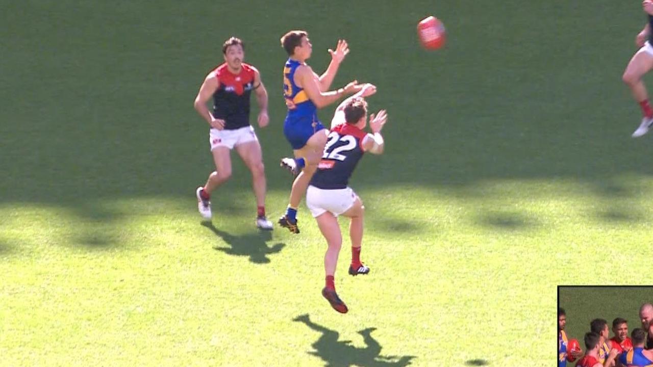 Eagles Jamie Cripps was awarded a free kick after this contest with Demon Aaron vandenBerg.