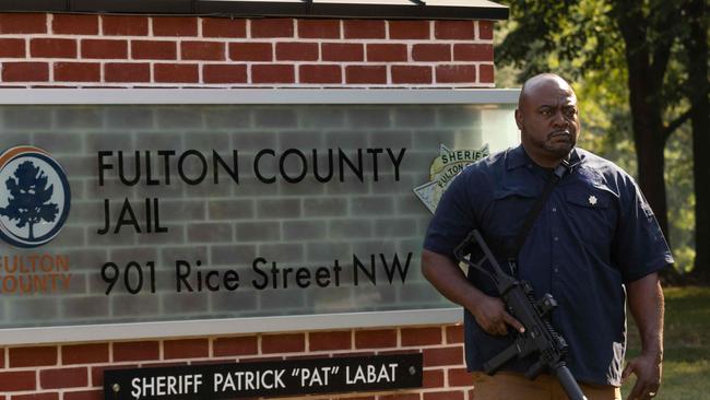 Security outside the Fulton County Jail ahead of Donald Trump’s expected arrival. Picture: AFP.