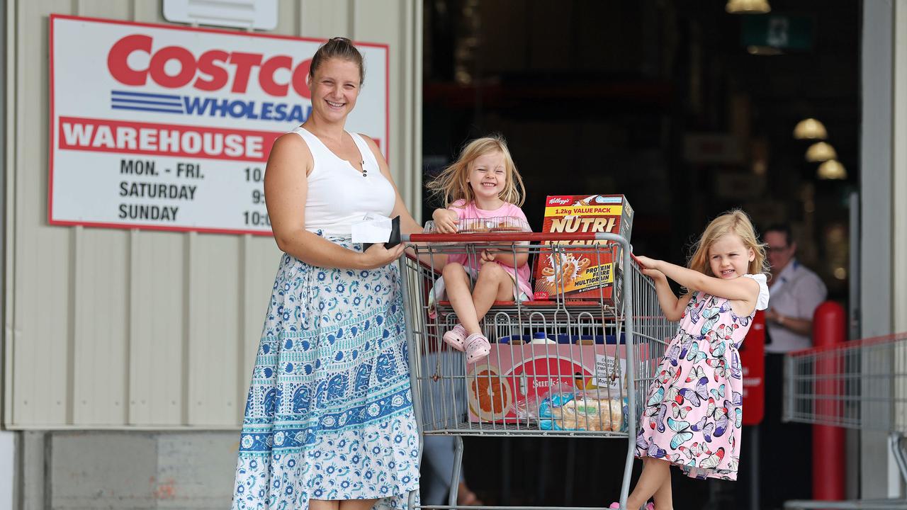 Shannon Hendry shopping with daughters Cleo, 3, and Charlie, 4, at Costco Warehouse in Bundamba. Picture: Tara Croser.