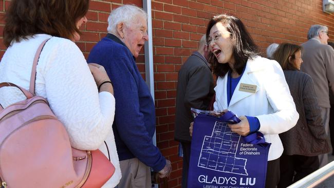 Liberal Party candidate Gladys Liu speaking to pre-poll voters.