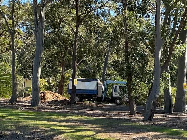 The distinctive blue and white truck used to illegally dump mulch at Wamberal Cemetery. Picture: supplied