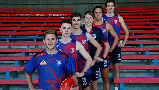 The Western Bulldogs’ 2014 draft class (from left) Caleb Daniel, Toby McLean, Declan Hamilton, Bailey Dale, Lukas Webb and Zaine Cordy. Picture: Colleen Petch.