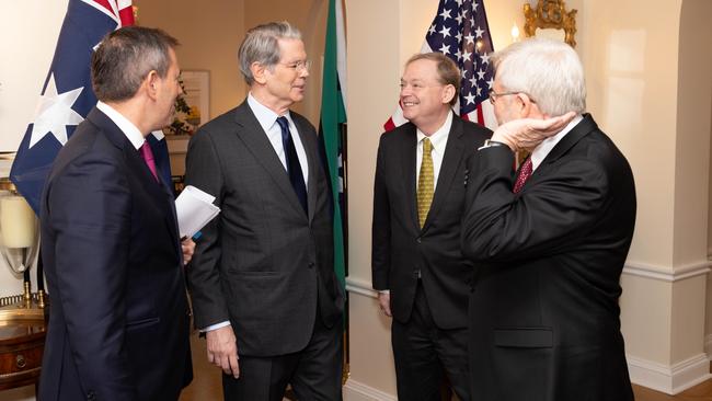 Treasurer Jim Chalmers, US Treasury Secretary Scott Bessent, National Economic Council of the United States director Kevin Hasset and US ambassador Kevin Rudd. Picture: Michael Butcher