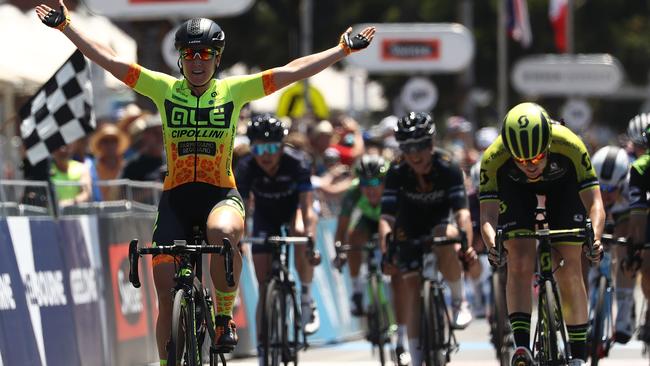 Chloe Hosking of Australia and Ale-Cipollini celebrates after winning the women's section of the Cadel Evans Great Ocean Road Race in Geelong. Picture: Robert Cianflone/Getty Images