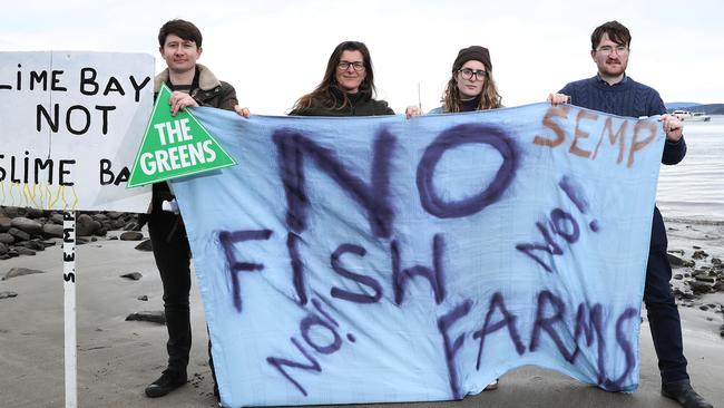 Protesters against Huon Aquaculture's salmon pens located at Norfolk Bay. Picture: Luke Bowden