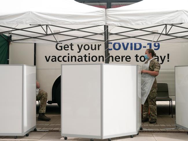 A rapid vaccination centre is set up outside Bolton Town Hall to help stop the spike of the Delta variant in northwest England. Picture: Getty Images