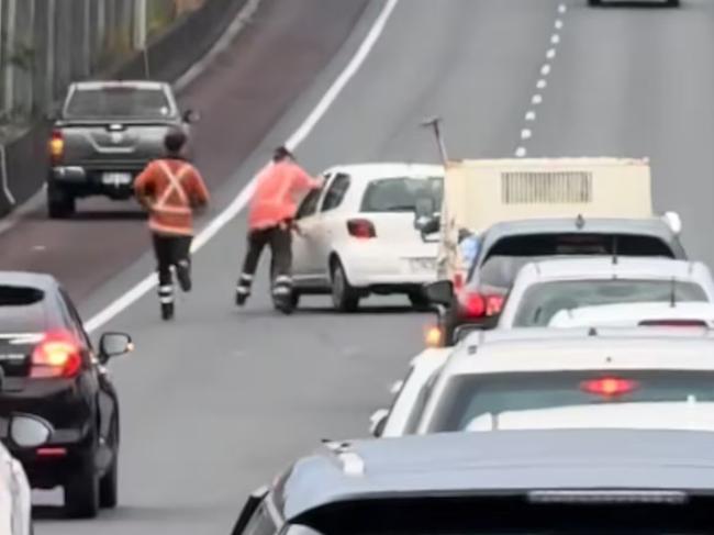 Chaos unfolded on an Auckland motorway yesterday morning as commuters jumped into action to stop a runaway car after its driver suffered a medical episode.