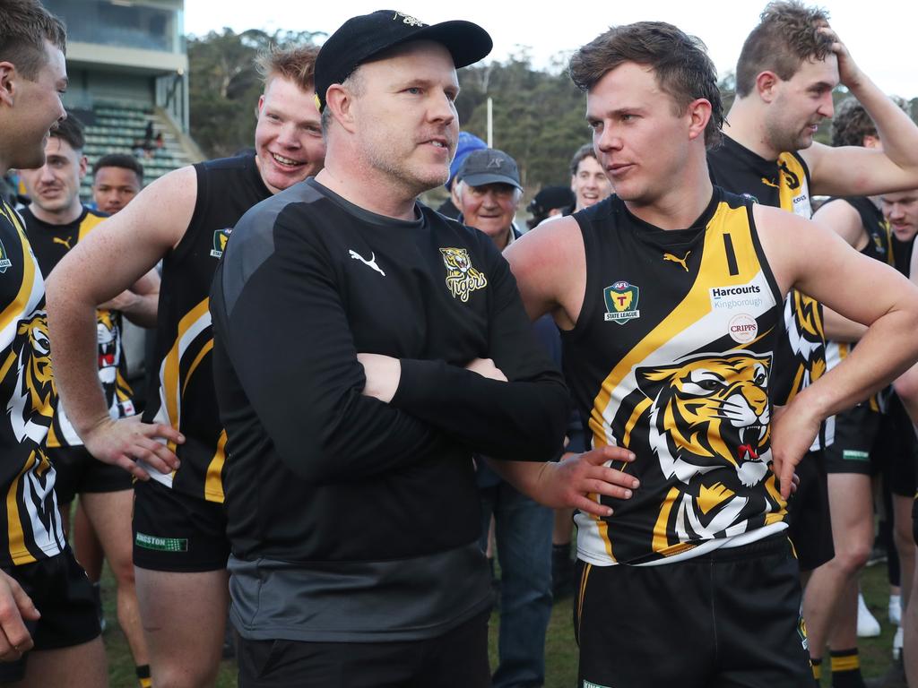 Trent Baumeler coach with captain Lachie Clifford. TSL grand final Kingborough Tigers V North Launceston. Picture: Nikki Davis-Jones