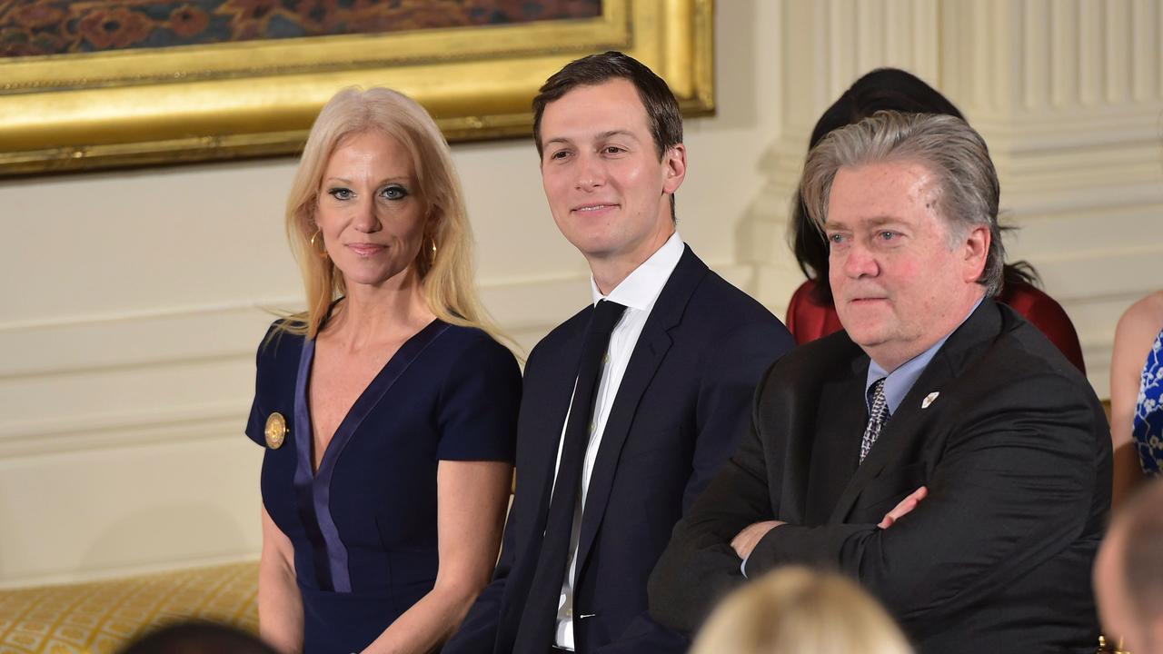 From left; Counselor to the President Kellyanne Conway, Senior Advisor Jared Kushner and Chief Strategist Steve Bannon attend the White House senior staff swearing in, on January 22, 2017 in Washington, DC. Picture: AFP