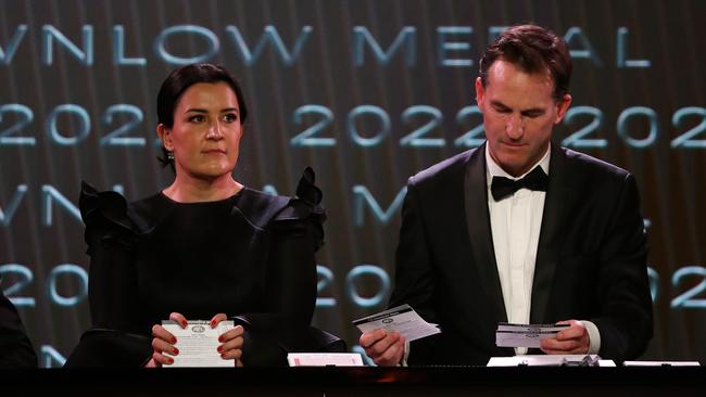 Laura Kane and Andrew Dillon with the Brownlow Medal votes last year. Picture: Dylan Burns/AFL Photos