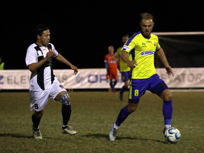 Gold Coast United midfielder Justyn McKay (right) in action against Easts in the 2019 NPL. Picture: Craig Clifford