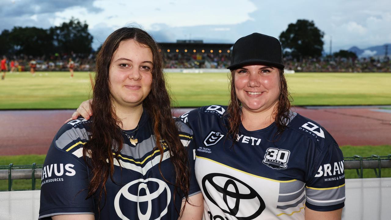 Selene Malcolm and Paula Burnett at the NRL preseason match between the North Queensland Cowboys and the Dolphins, held at Barlow Park. Picture: Brendan Radke