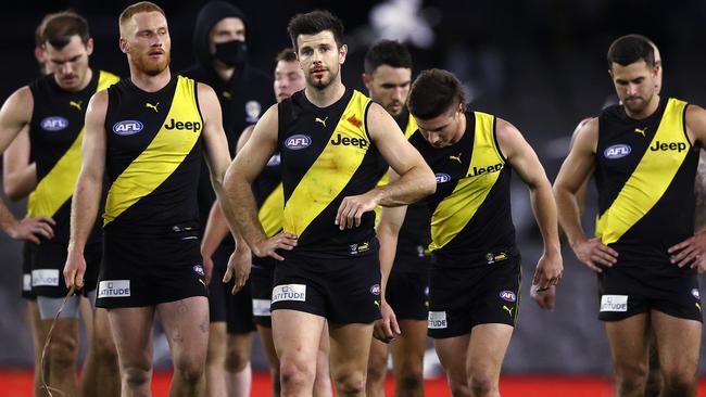 Trent Cotchin and the Tigers lament another shock loss. Picture: Michael Klein