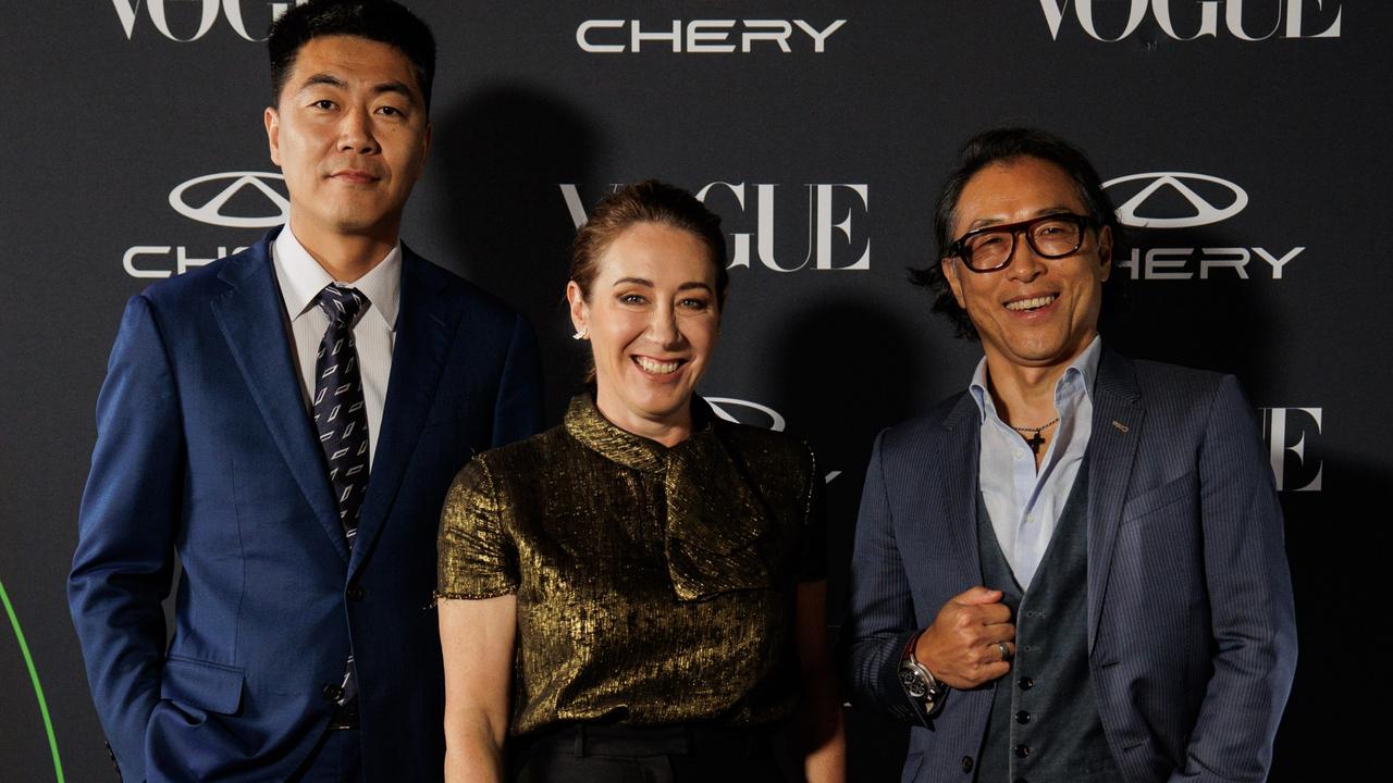 Chery’s Lewis Lu, Vogue’s Edwina McCann and Chery designer Steve Eum. Picture: Vogue Australia