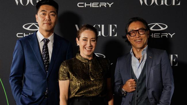 Chery’s Lewis Lu, Vogue’s Edwina McCann and Chery designer Steve Eum. Picture: Rob Tennent