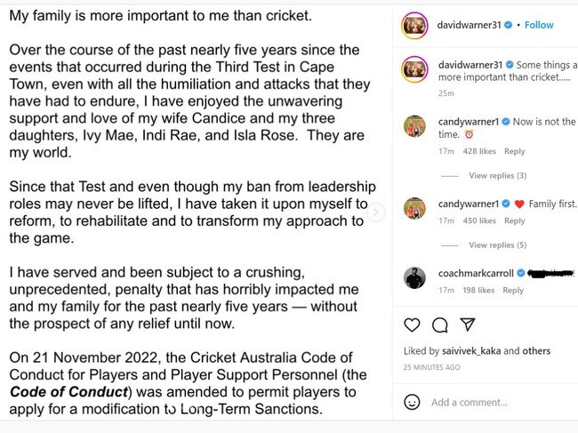 David Warner's public statement on his Instagram page