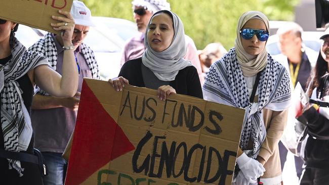 Protesters gathered outside Canberra’s National Press Club ahead of Mr Maimon’s address. Picture: Martin Ollman/NCA NewsWire