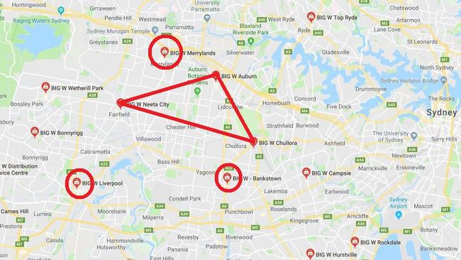 The three Big W stores to close are connected by red lines, a Bermuda triangle of lost Big Ws. They are surrounded by other larger Big W stores (ringed) in busier suburbs and shopping centres.