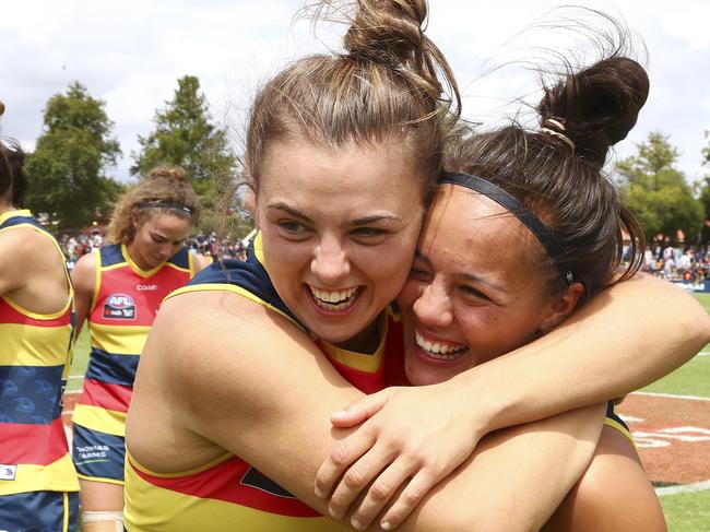 AFLW - Crows v Carlton at Thebarton Oval. Ebony Marinoff and Justine Mules.Picture Sarah Reed