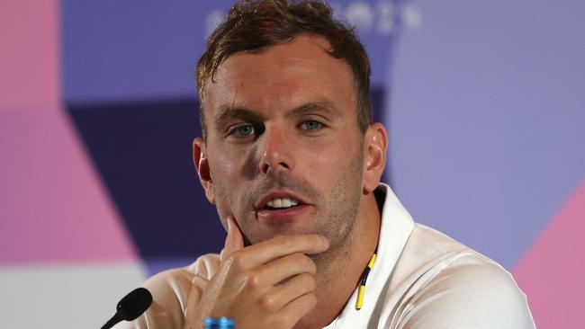 PARIS, FRANCE - AUGUST 05: Kyle Chalmers of Team Australia speaks during a Team Australia swimming press conference on day ten of the Olympic Games Paris 2024 at the Main Press Centre on August 05, 2024 in Paris, France. (Photo by Mike Lawrie/Getty Images)