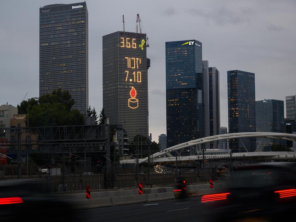 The words ‘Yizkor’ with the number 366 are illuminated on the side of the Azrielli towers on October 06, 2024 in Tel Aviv, Israel.