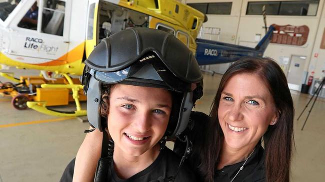 RACQ Lifeflight recipient Connor Creagh, 12, and his mother Danielle Miles met the team that rescued Connor. Picture: Liam Kidston