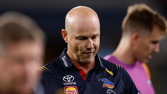 ADELAIDE, AUSTRALIA - APRIL 04: Matthew Nicks, Senior Coach of the Crows looks on during the 2024 AFL Round 04 match between the Adelaide Crows and the Melbourne Demons at Adelaide Oval on April 04, 2024 in Adelaide, Australia. (Photo by Michael Willson/AFL Photos via Getty Images)