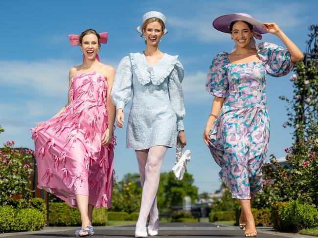 Pink: Crystal Kimber-Peters Ã¢â¬â VRC Ambassador2017 FOTF WomenÃ¢â¬â¢s Racewear WinnerPurple Floral: Layce VocaleBaby Blue dress: Courtney Moore2016 FOTF WomenÃ¢â¬â¢s Racewear Winner.Fashions on the Field ahead of Melbourne Cup Carnival.Picture: Jason Edwards