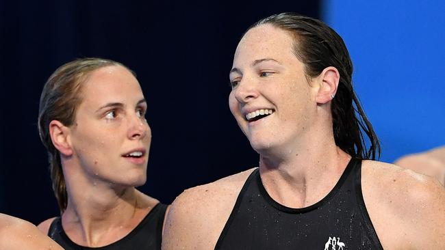 Bronte Campbell and Cate Campbell following the women's 50m freestyle final.