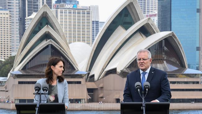 Jacinda Ardern and Scott Morrison speak to media at Admiralty House.