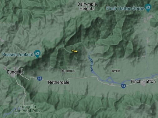 The RACQ CQ Rescue chopper is hovering over a section of mountainous area between Finch Hatton and Eungella. Picture: from flightrader24